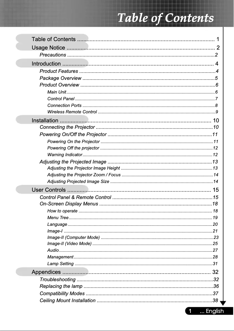 Page 1 of the manual User Manual Optoma EP716
