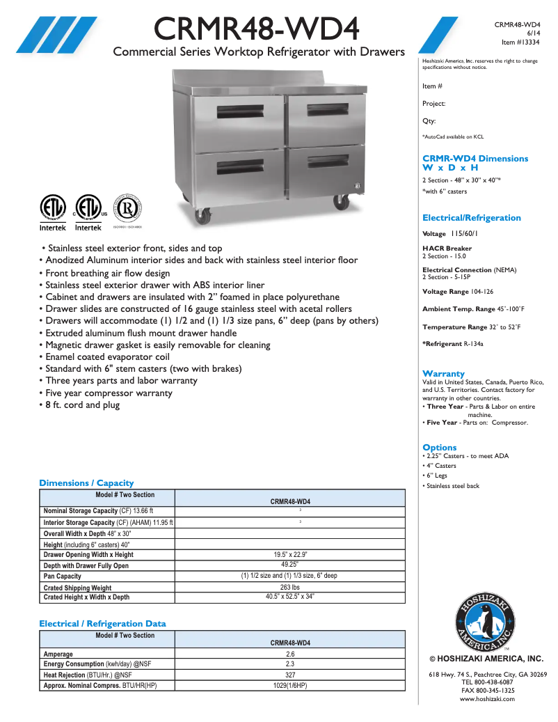 Page 1 of the manual Technical Sheet Hoshizaki CRMR48-WD4