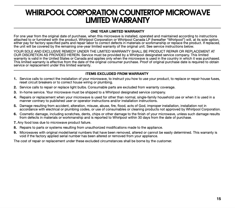 Page 1 of the manual Warranty Information KitchenAid UMC5165AS
