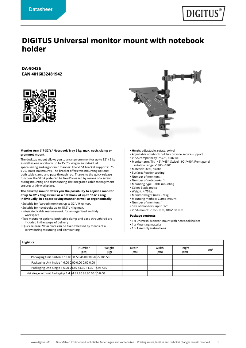 Page 1 of the manual Technical Sheet Digitus DA-90436