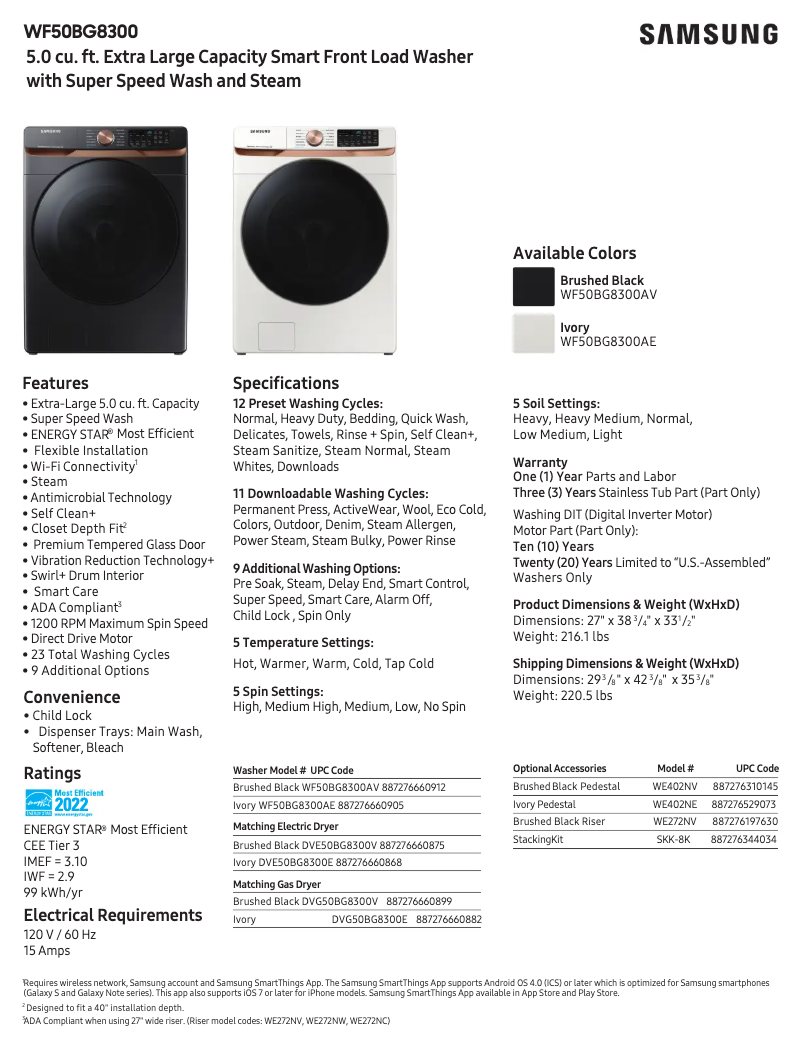 Page 1 of the manual Technical Sheet Samsung WF50BG8300AV