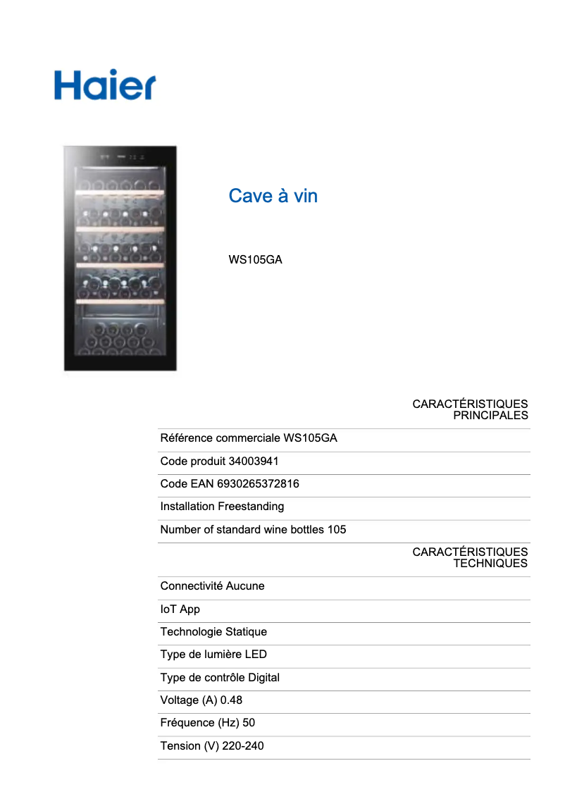 Page 1 of the manual Technical Sheet Haier WS105GA