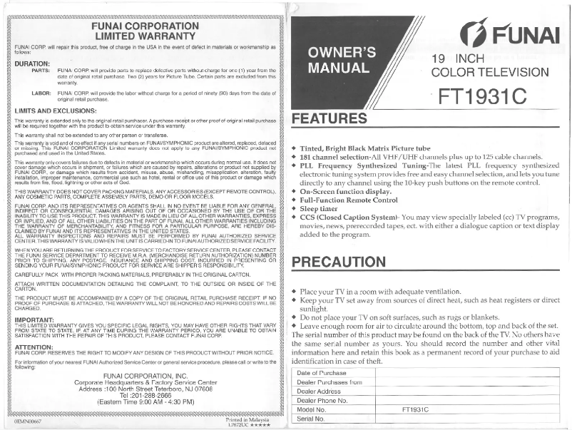 Page 1 of the manual User Manual Funai FT1931C