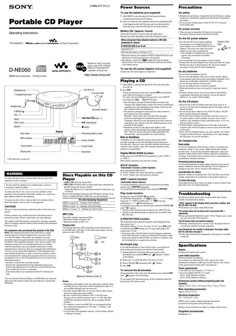 First page image of the manual for Discman D-NE050