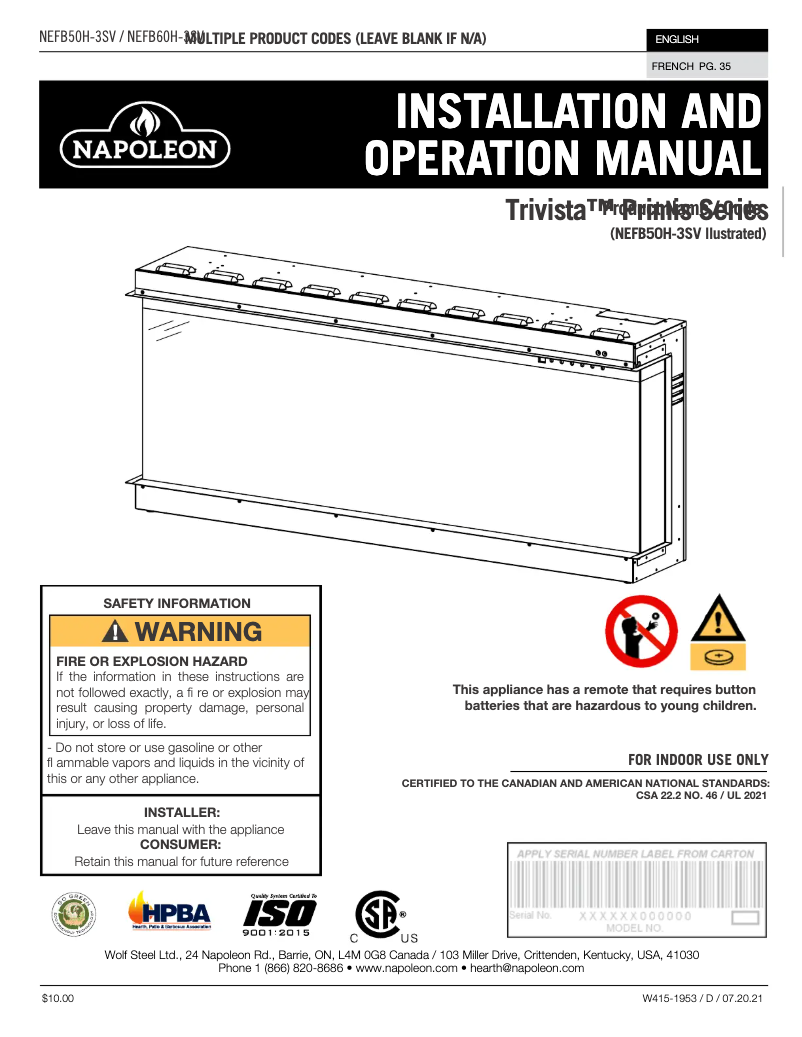 Page 1 of the manual User Manual Napoleon Trivista Primis NEFB60H-3SV