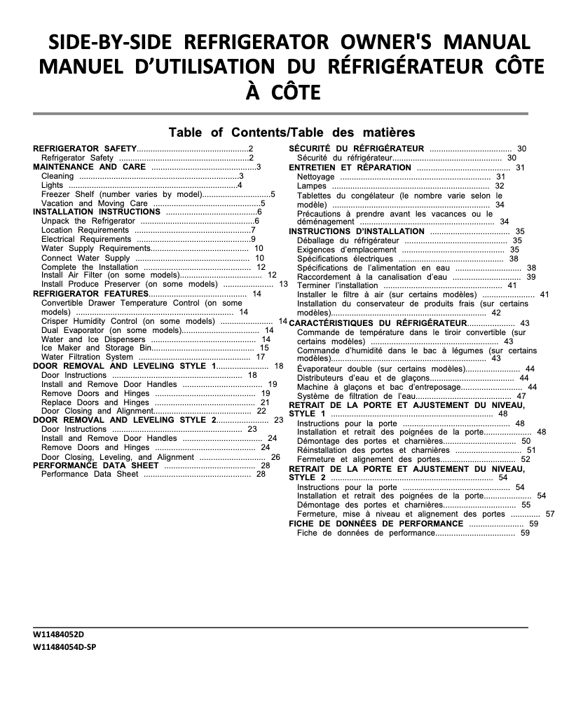 First page image of the manual for WRS325SDHV