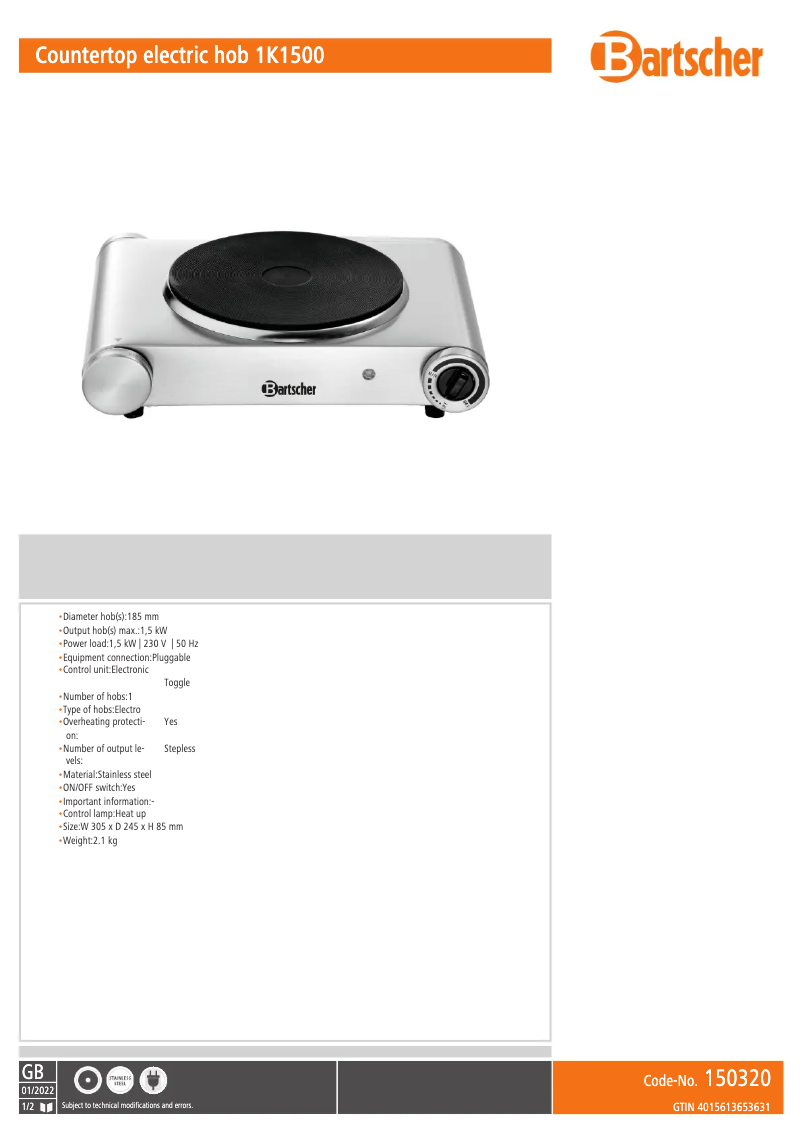 Page 1 of the manual Technical Sheet Bartscher 150320
