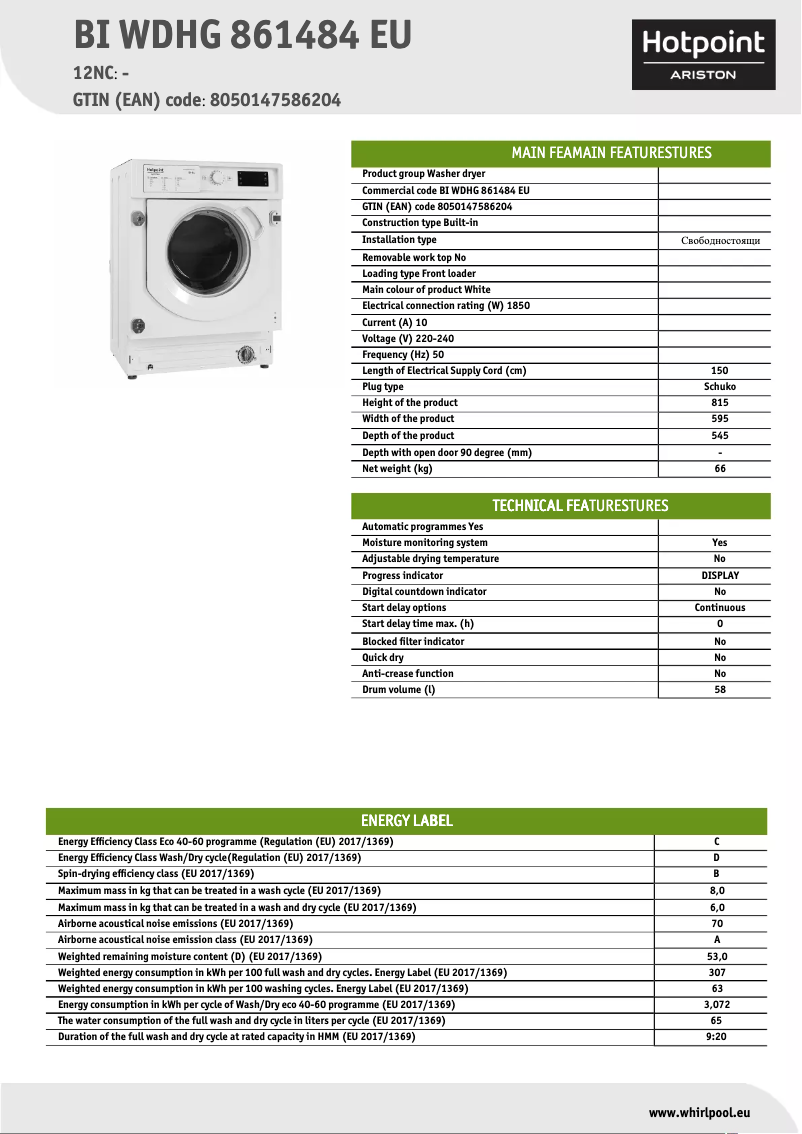 Page 1 of the manual Technical Sheet Hotpoint BI WDHG 861484 EU
