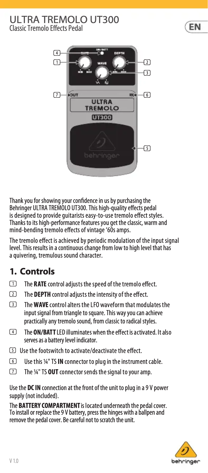 Page 1 of the manual User Manual Behringer Ultra Tremolo UT300