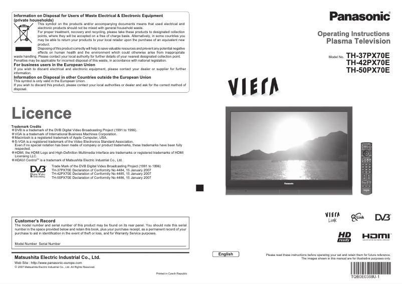 First page image of the manual for Viera TH-50PX70E