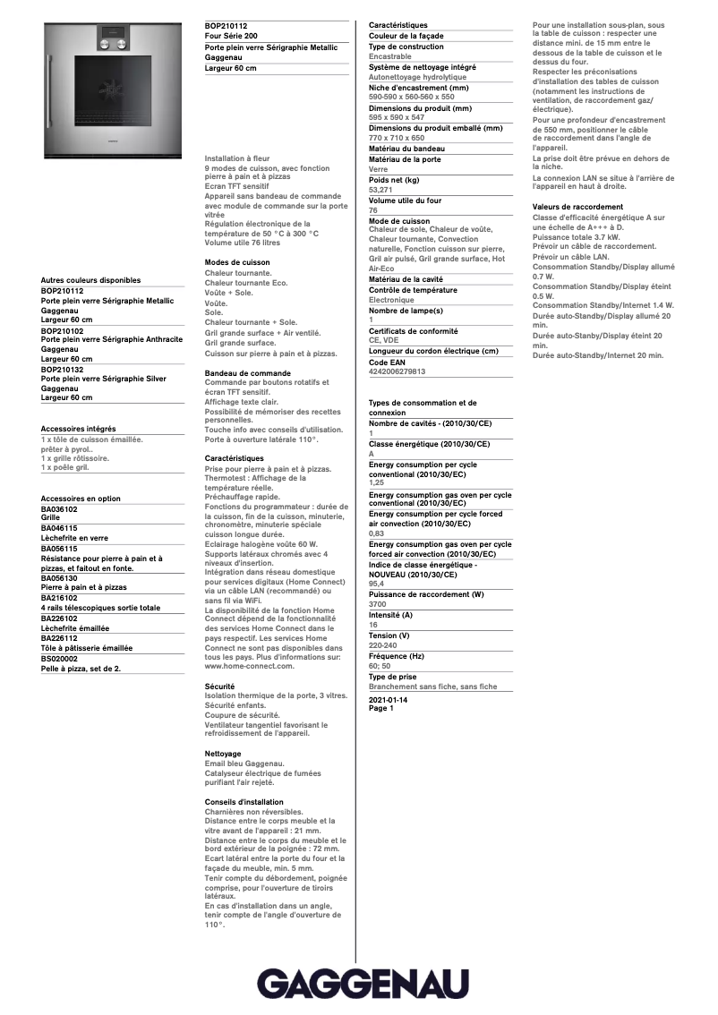 Page 1 de la notice Fiche technique Gaggenau BOP210112