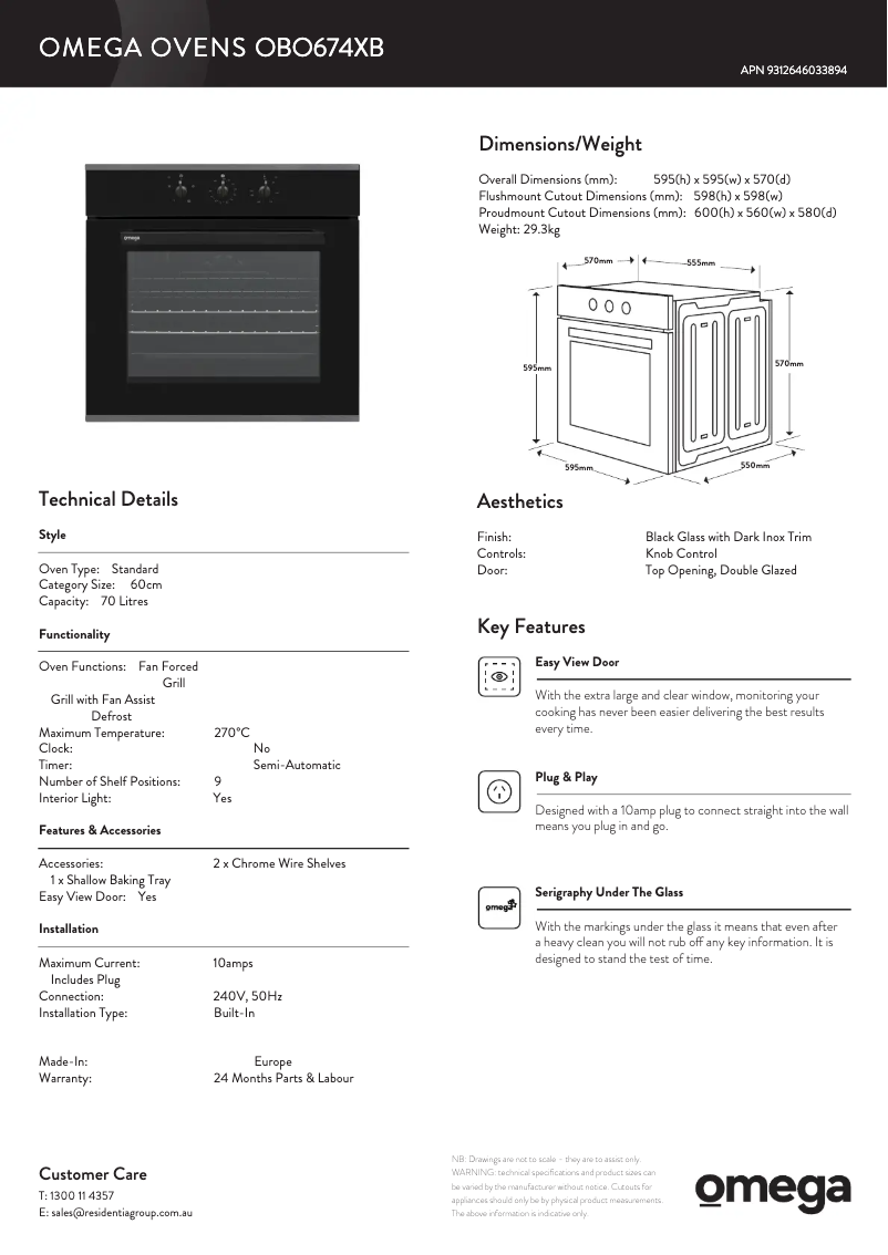 Page 1 of the manual Technical Sheet Omega OBO696XB