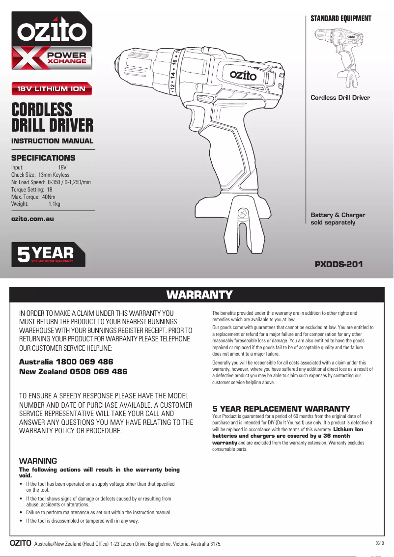 Page 1 de la notice Manuel utilisateur Ozito PXDDK-301