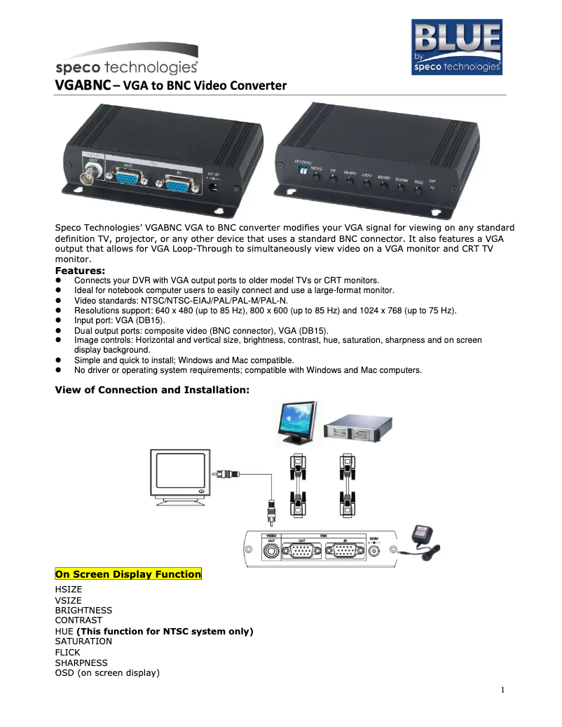 Page 1 of the manual User Manual Speco Technologies VGABNC