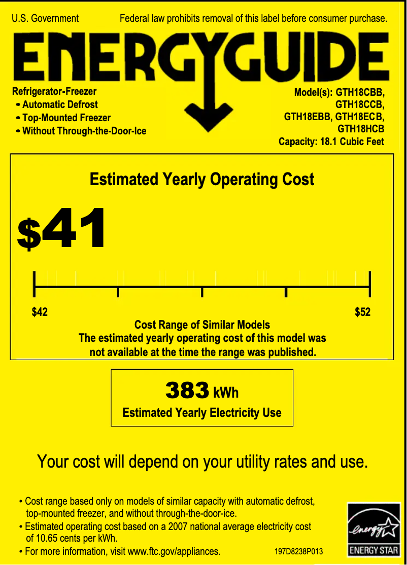 Page 1 of the manual Energy Label GE GTH18CCBLWW