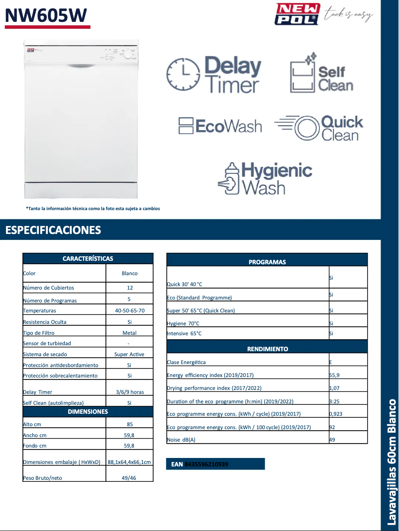 Page 1 of the manual Technical Sheet New Pol NW605W