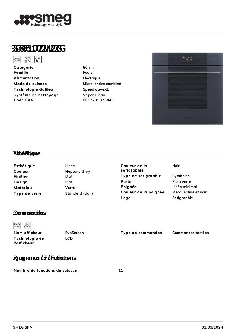 Page 1 of the manual Technical Sheet Smeg SO6102M2G