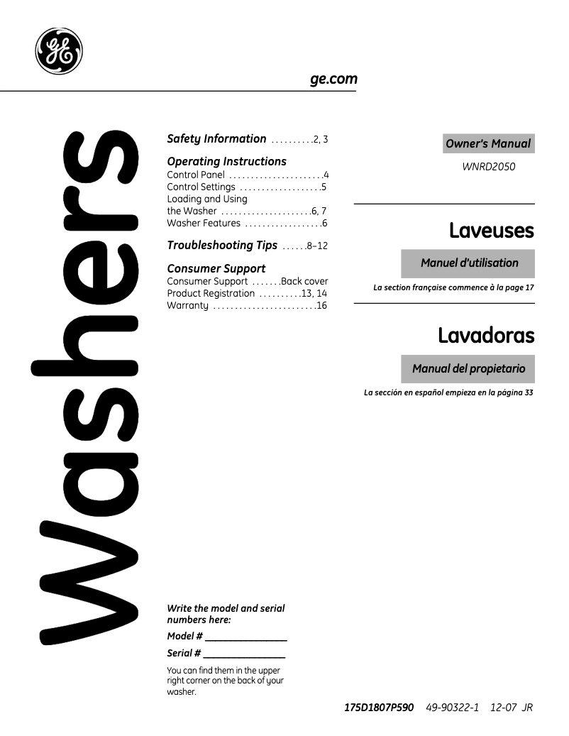 First page image of the manual for WNRD2050DWC