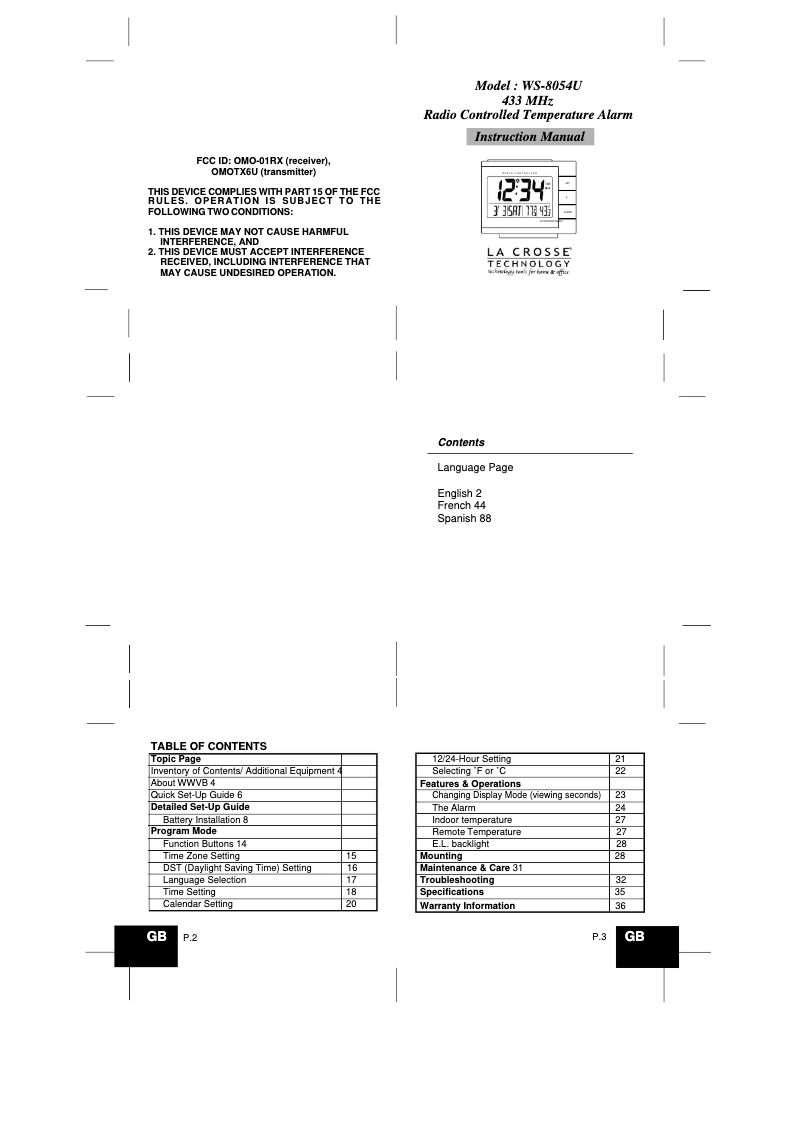 Page 1 of the manual User Manual La Crosse Technology WS-8054U