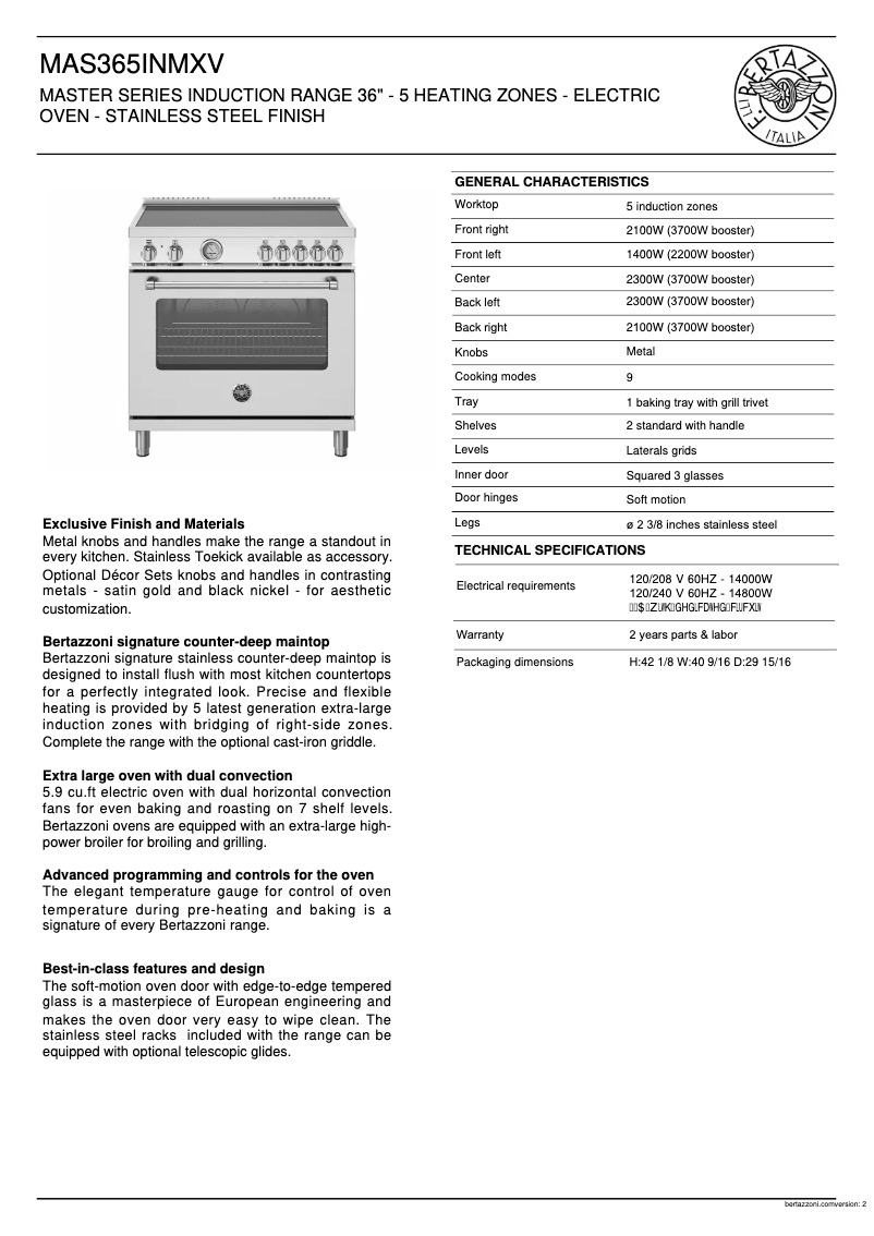 Page 1 of the manual Technical Sheet Bertazzoni MAS365INMXV