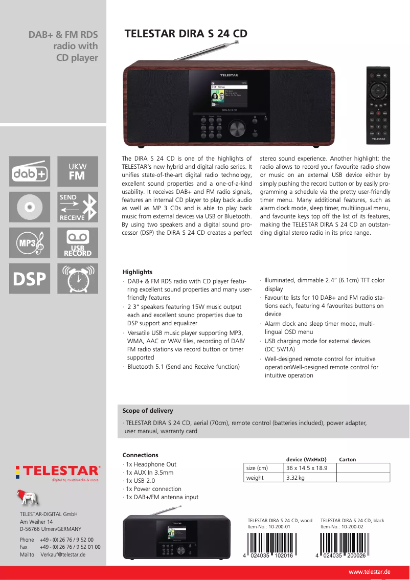 First page image of the manual for DIRA S 24 CD