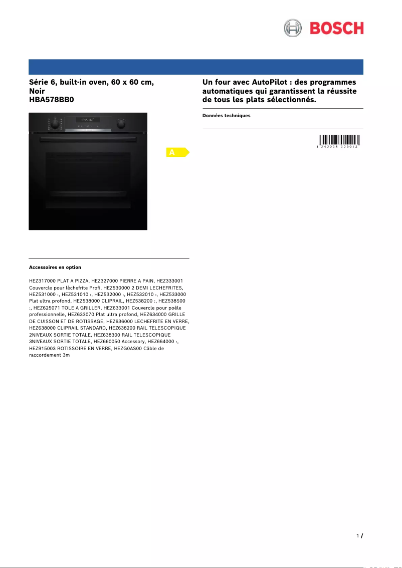 Page 1 of the manual Technical Sheet Bosch HBA578BB0