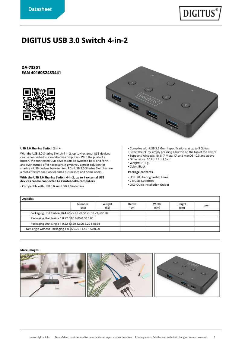 Page 1 of the manual Technical Sheet Digitus DA-73301
