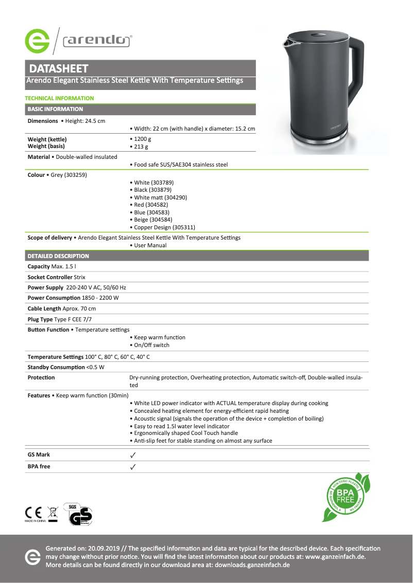 Page 1 of the manual Technical Sheet Arendo Elegant 303789