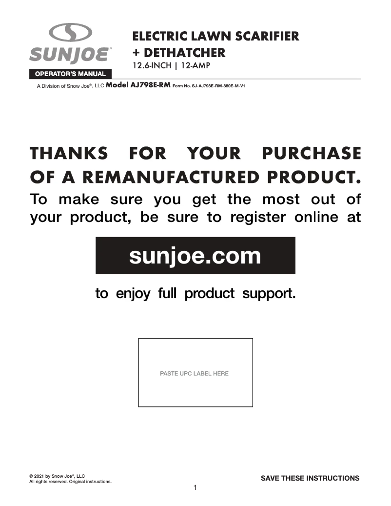 Page 1 of the manual User Manual Sun Joe AJ798E-RM