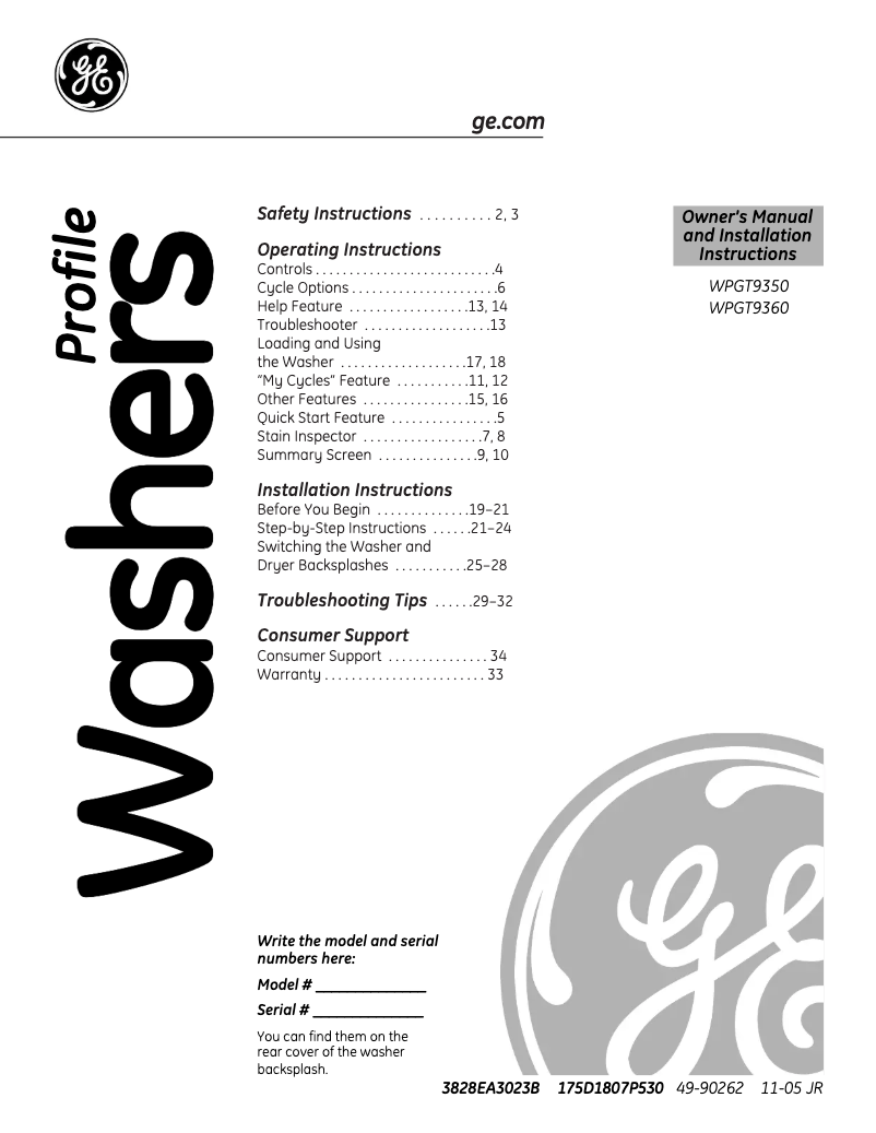 First page image of the manual for Profile Harmony WPGT9360EPL