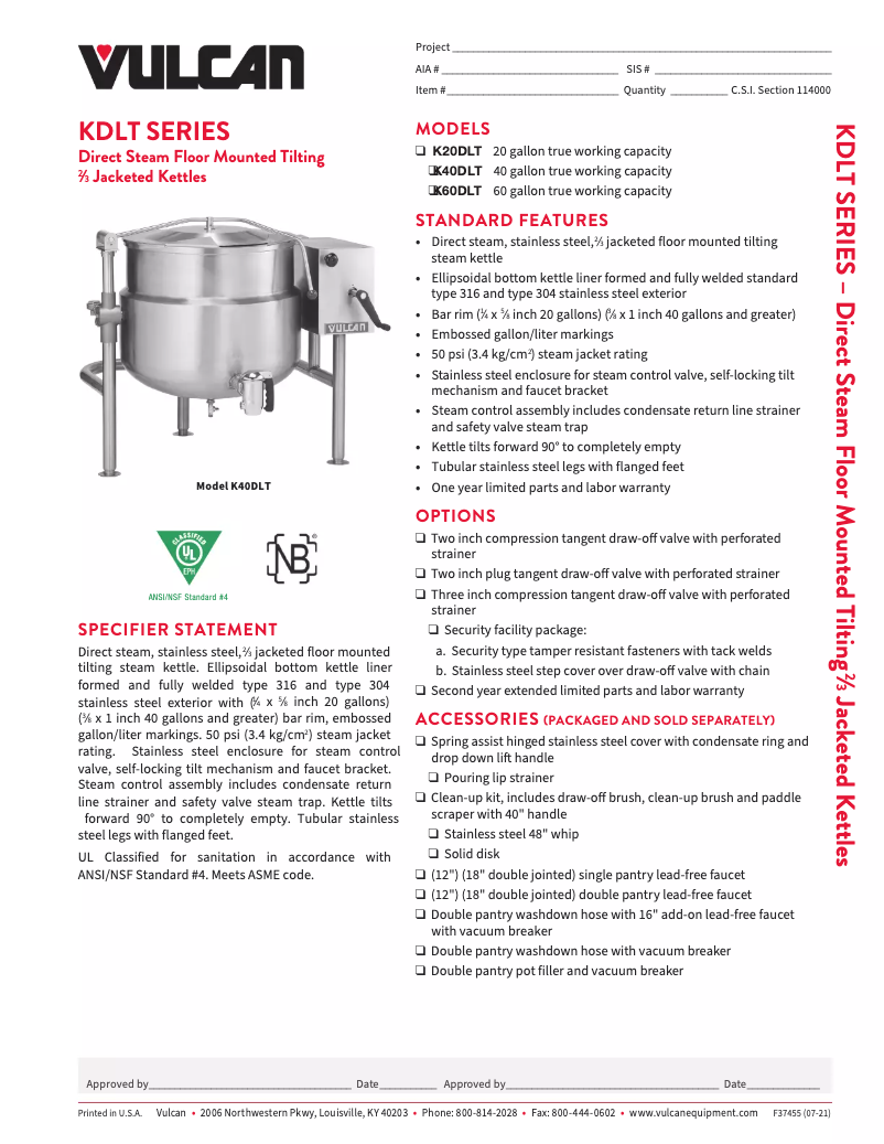 Page 1 of the manual Technical Sheet Vulcan K20DLT