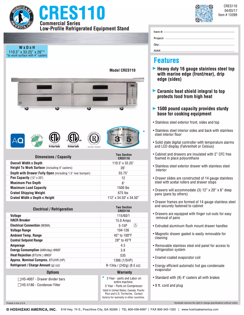Page 1 of the manual Technical Sheet Hoshizaki Commercial CRES110