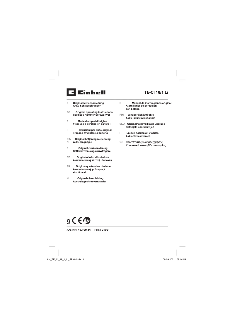 Page 1 of the manual User Manual Einhell TE-CI 18/1 Li-Solo