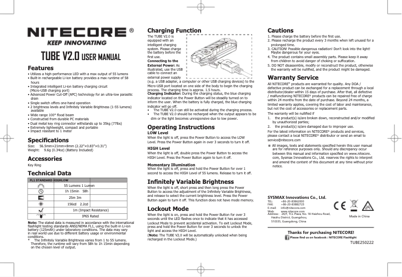 Page 1 of the manual User Manual Nitecore TUBE V2.0