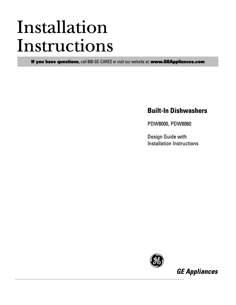 Page 1 of the manual Installation Guide GE Profile PDW8000GBB