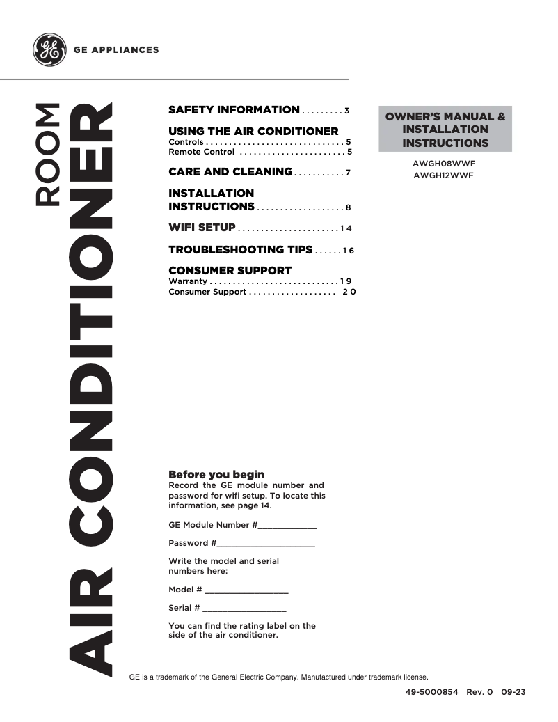 First page image of the manual for AWGH08WWF