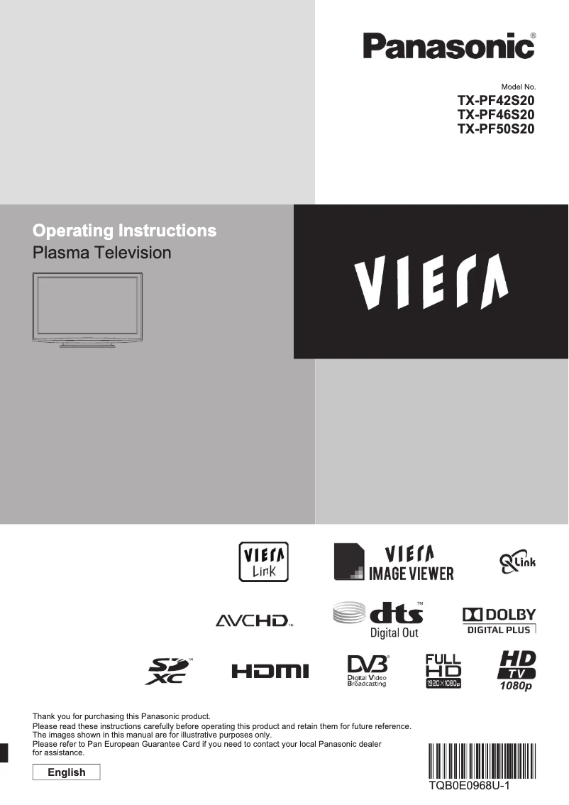 First page image of the manual for Viera TX-PF46S20