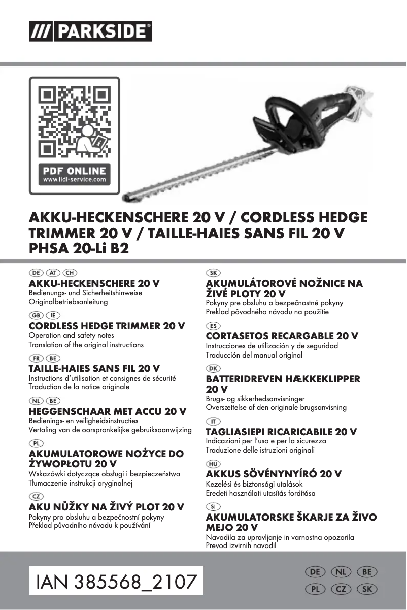 Page 1 of the manual User Manual Parkside PHSA 20-Li B2