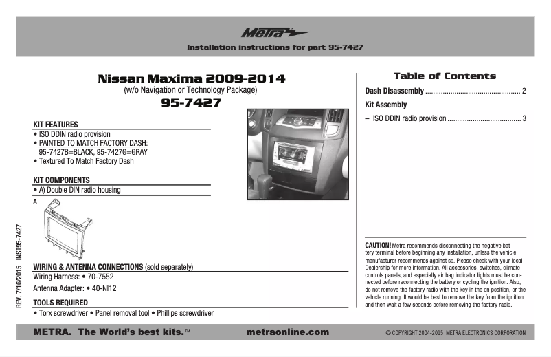 Page 1 de la notice Manuel utilisateur Metra 95-7427G