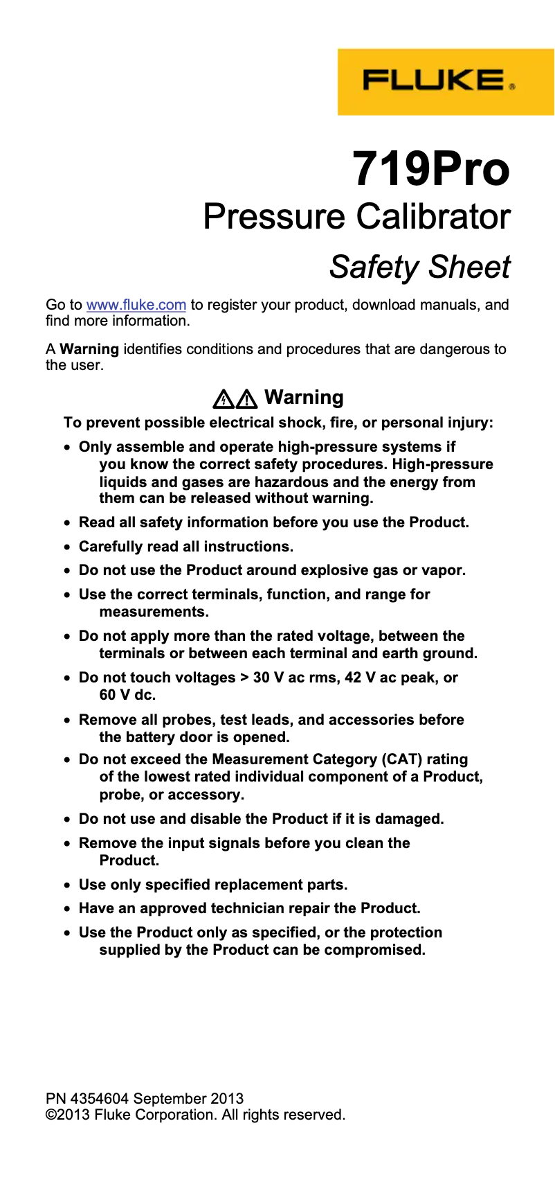 Page 1 of the manual Safety Instructions Fluke 719Pro