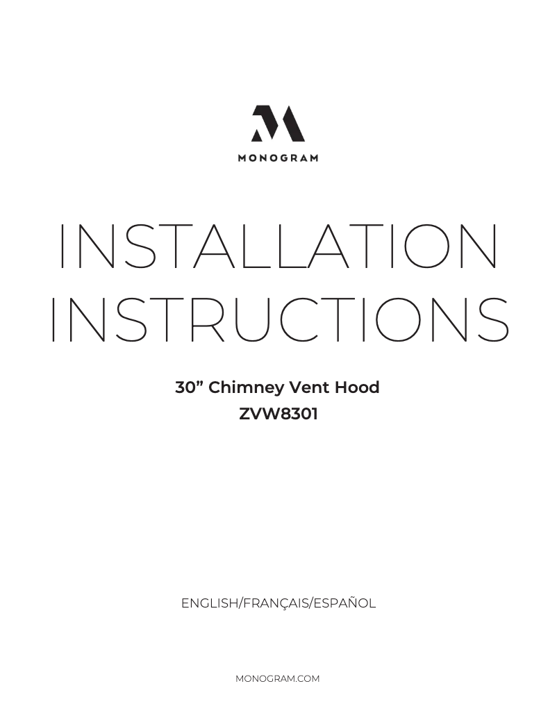 Page 1 of the manual Installation Guide Monogram ZVW8301SWSS
