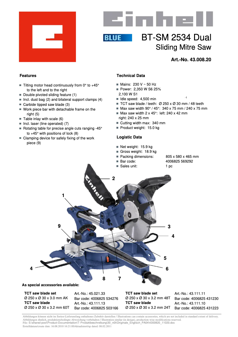 Page 1 of the manual Technical Sheet Einhell BT-SM 2534 Dual