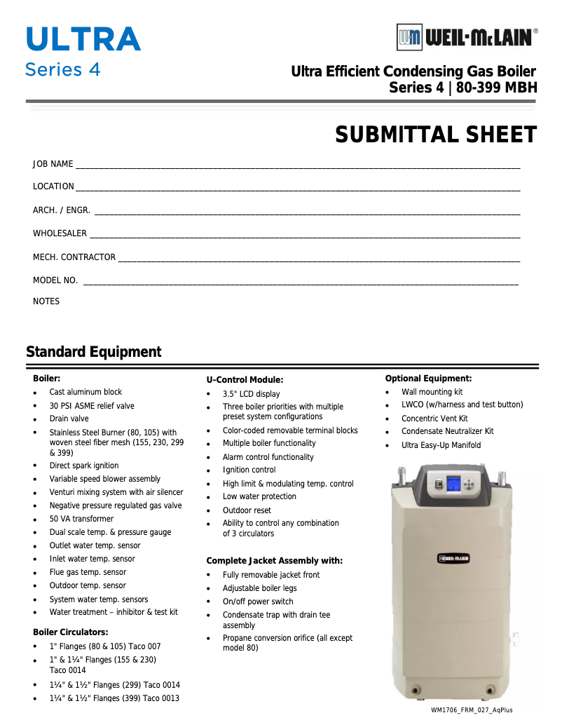 Page 1 of the manual Technical Sheet Weil-McLain Ultra Serie 4