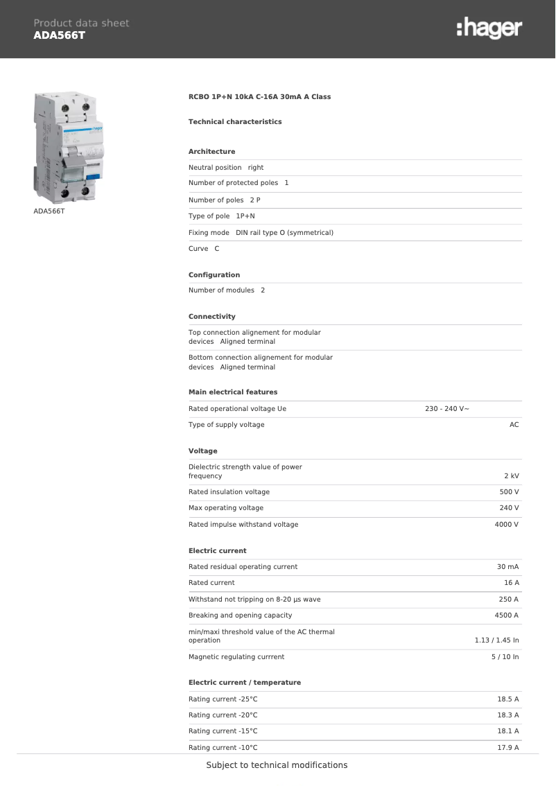 Page 1 of the manual Technical Sheet Hager ADA566T