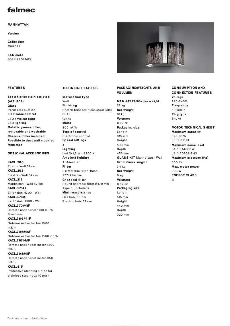 Page 1 of the manual Technical Sheet Falmec Manhattan