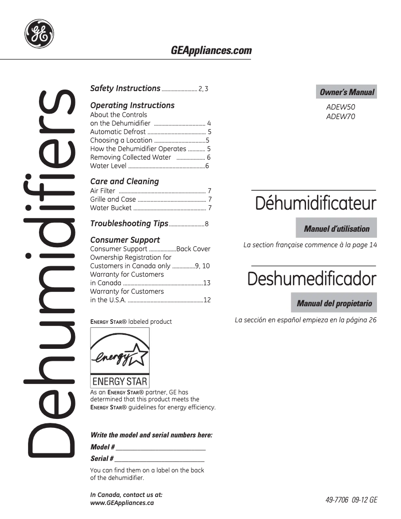 Page 1 of the manual User Manual GE ADEW50LQ