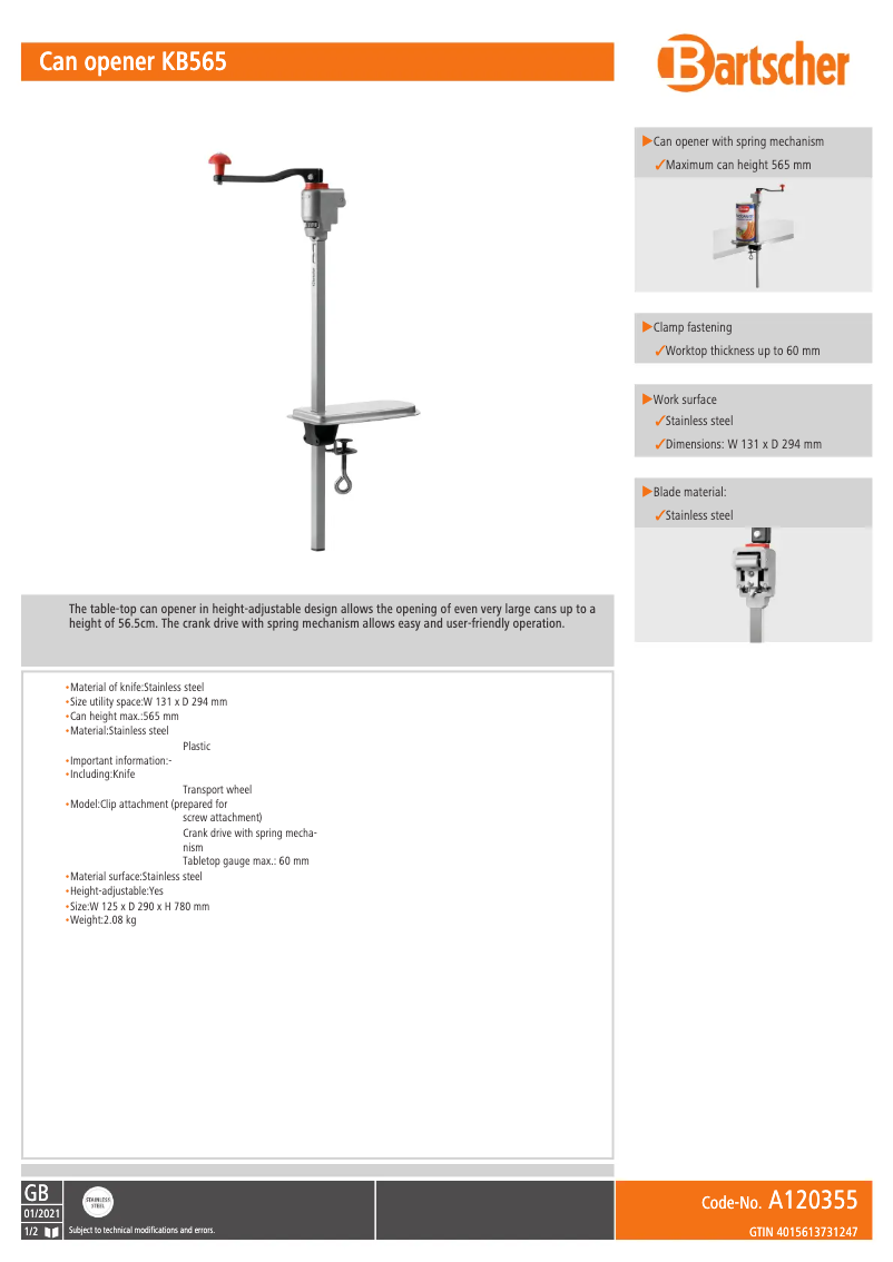 Page 1 of the manual Technical Sheet Bartscher KB565
