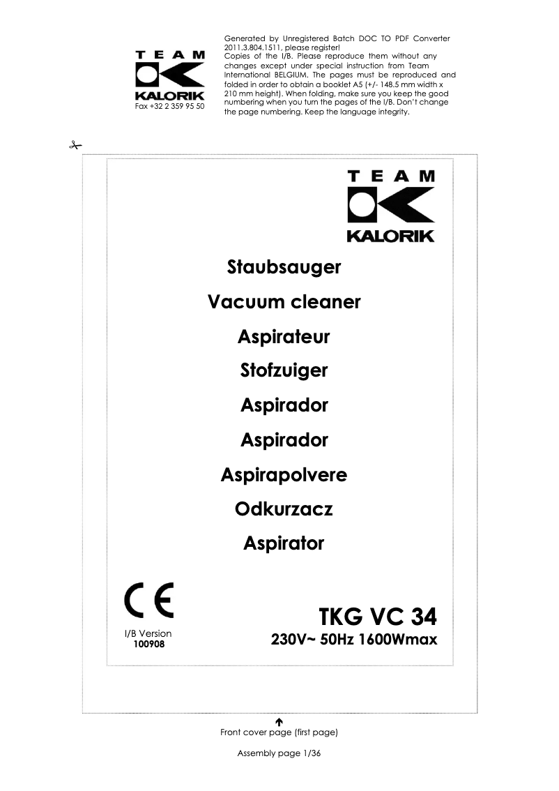 Page 1 of the manual User Manual Kalorik TKG VC 34