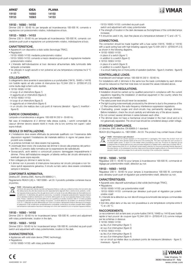 Page 1 of the manual User Manual Vimar 16560.B