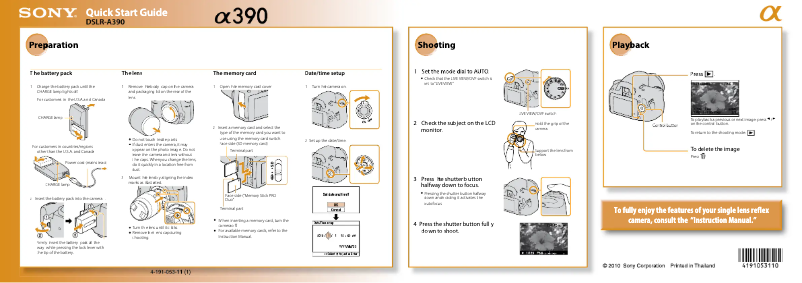 First page image of the manual for Alpha DSLR-A390L